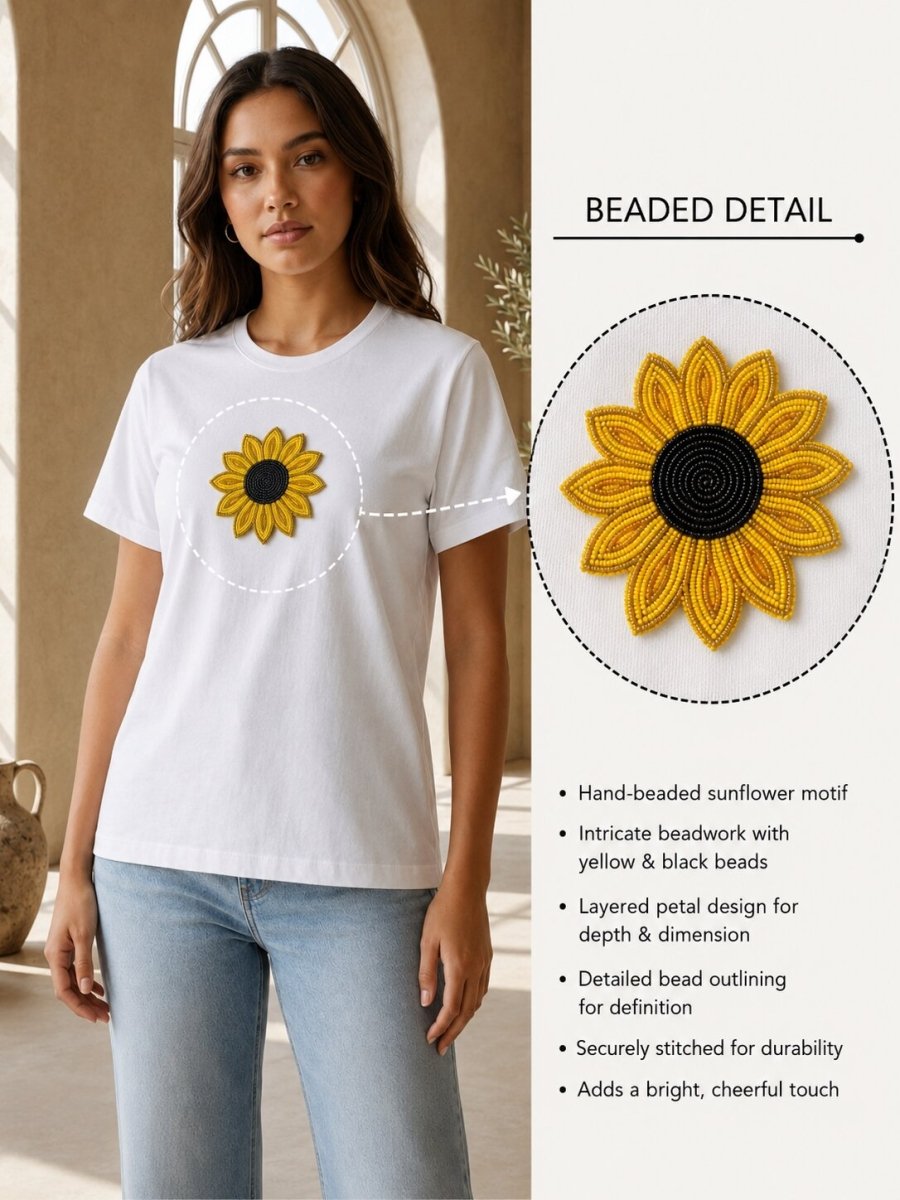 Hand Beaded Sunflower Cotton T-Shirt - GAIIA