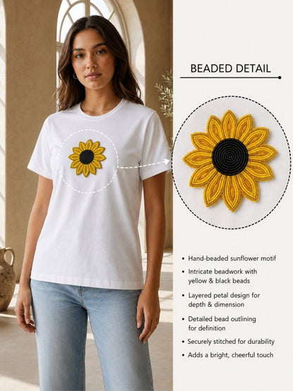 Hand Beaded Sunflower Cotton T-Shirt - GAIIA