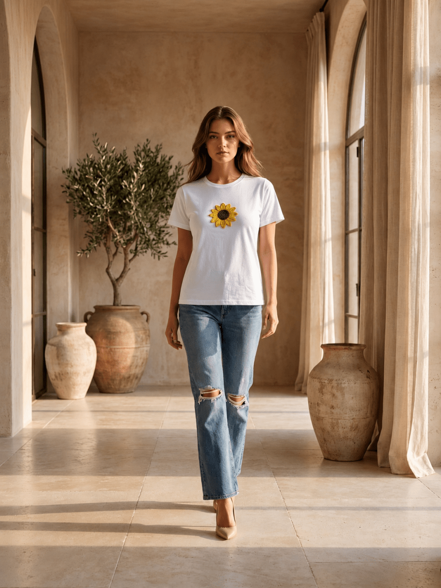 Hand Beaded Sunflower Cotton T-Shirt - GAIIA