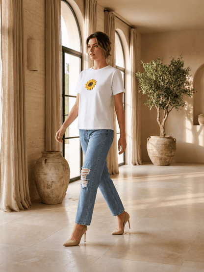 Hand Beaded Sunflower Cotton T-Shirt - GAIIA