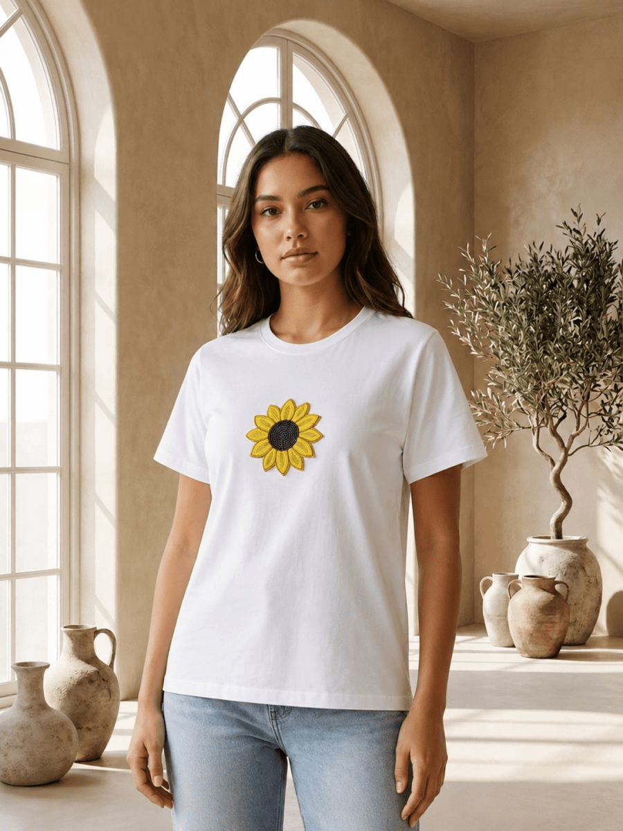 Hand Beaded Sunflower Cotton T-Shirt - GAIIA