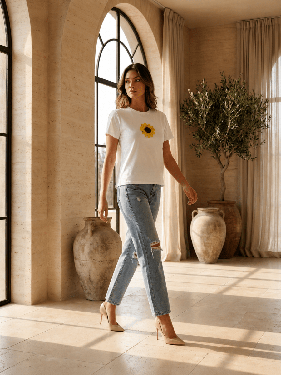 Hand Beaded Sunflower Cotton T-Shirt - GAIIA