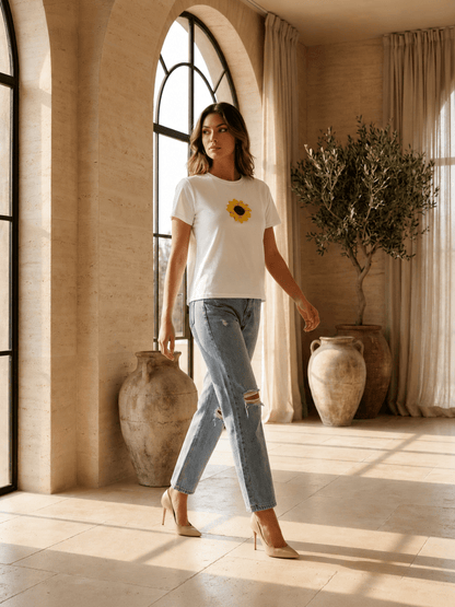 Hand Beaded Sunflower Cotton T-Shirt - GAIIA