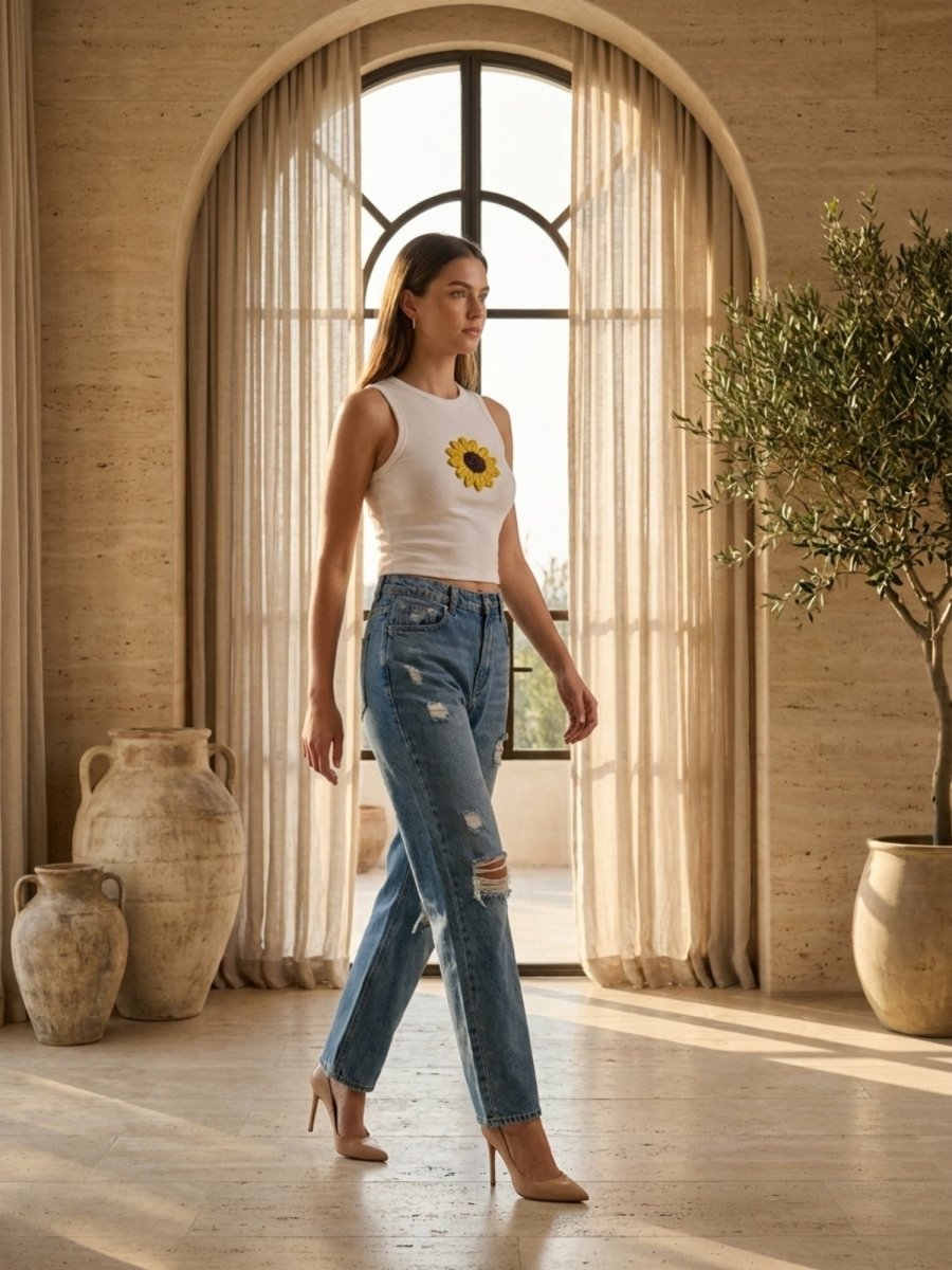 Hand Beaded Sunflower Cotton Tank Top - GAIIA