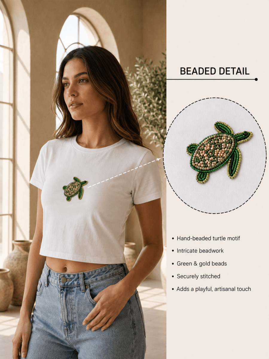 Hand Beaded Turtle Cotton Crop Top - GAIIA
