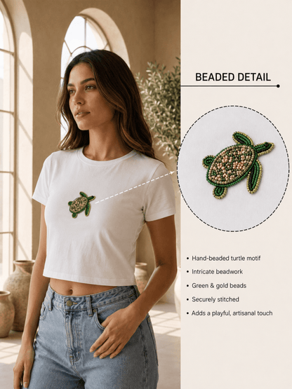 Hand Beaded Turtle Cotton Crop Top - GAIIA
