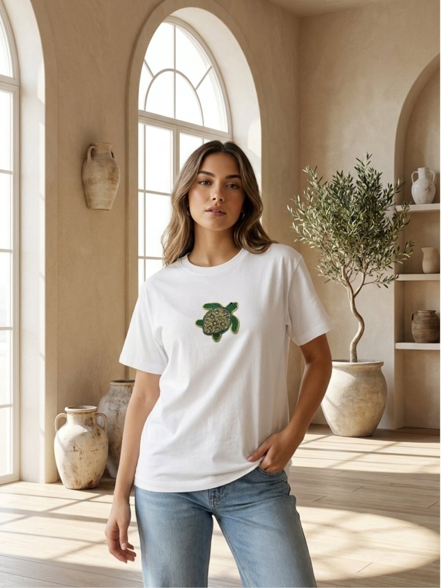 Hand Beaded Turtle Cotton T-shirt - GAIIA