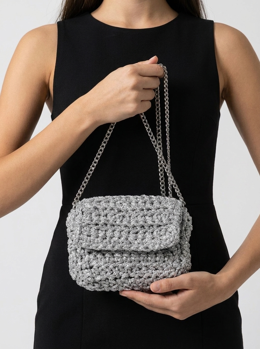 Silver Shimmer Crochet Knit Flap Chain Shoulder Bag