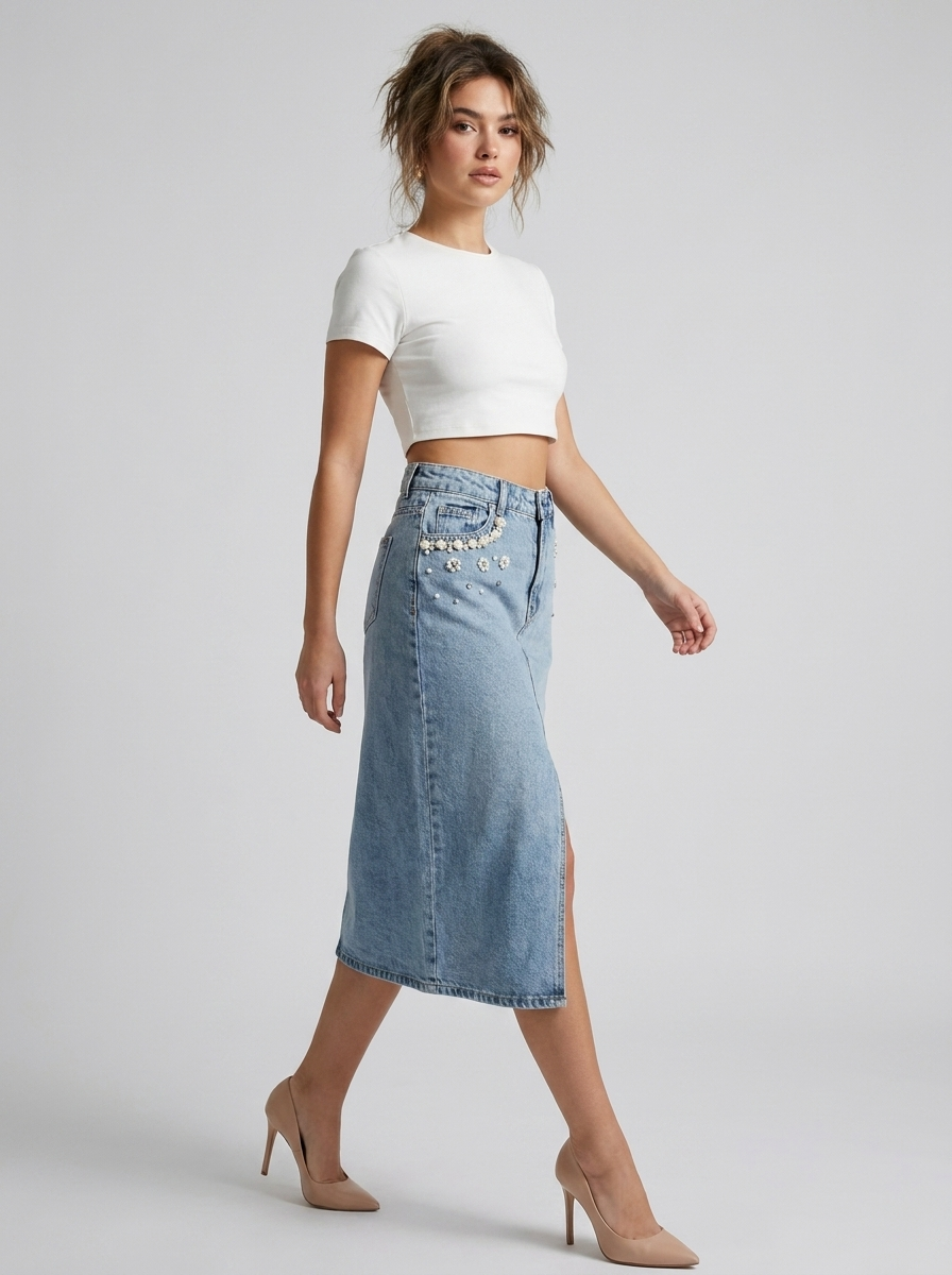 GAIIA Pearl Bloom Embellished Side Slit Denim Midi Skirt
