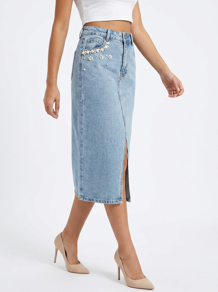GAIIA Pearl Bloom Embellished Side Slit Denim Midi Skirt