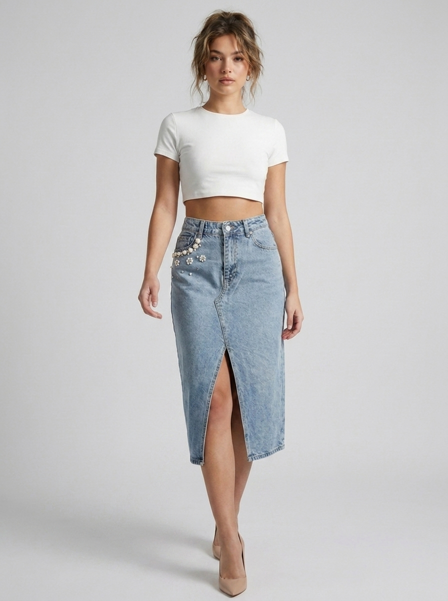 GAIIA Pearl Bloom Embellished Side Slit Denim Midi Skirt