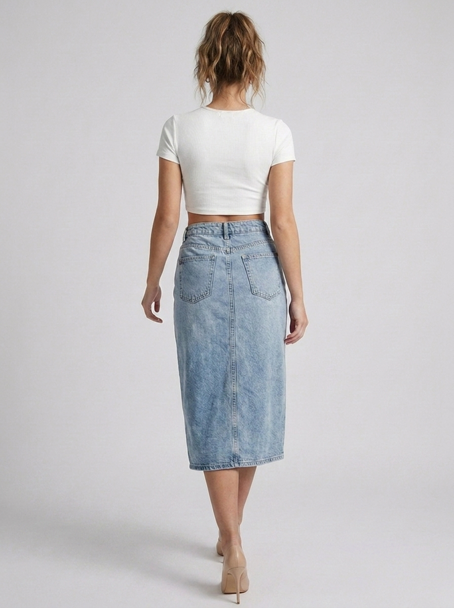GAIIA Pearl Bloom Embellished Side Slit Denim Midi Skirt