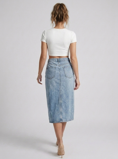 GAIIA Pearl Bloom Embellished Side Slit Denim Midi Skirt