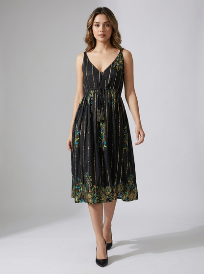 Printed V-Neck Tie-Waist Sleeveless Dress