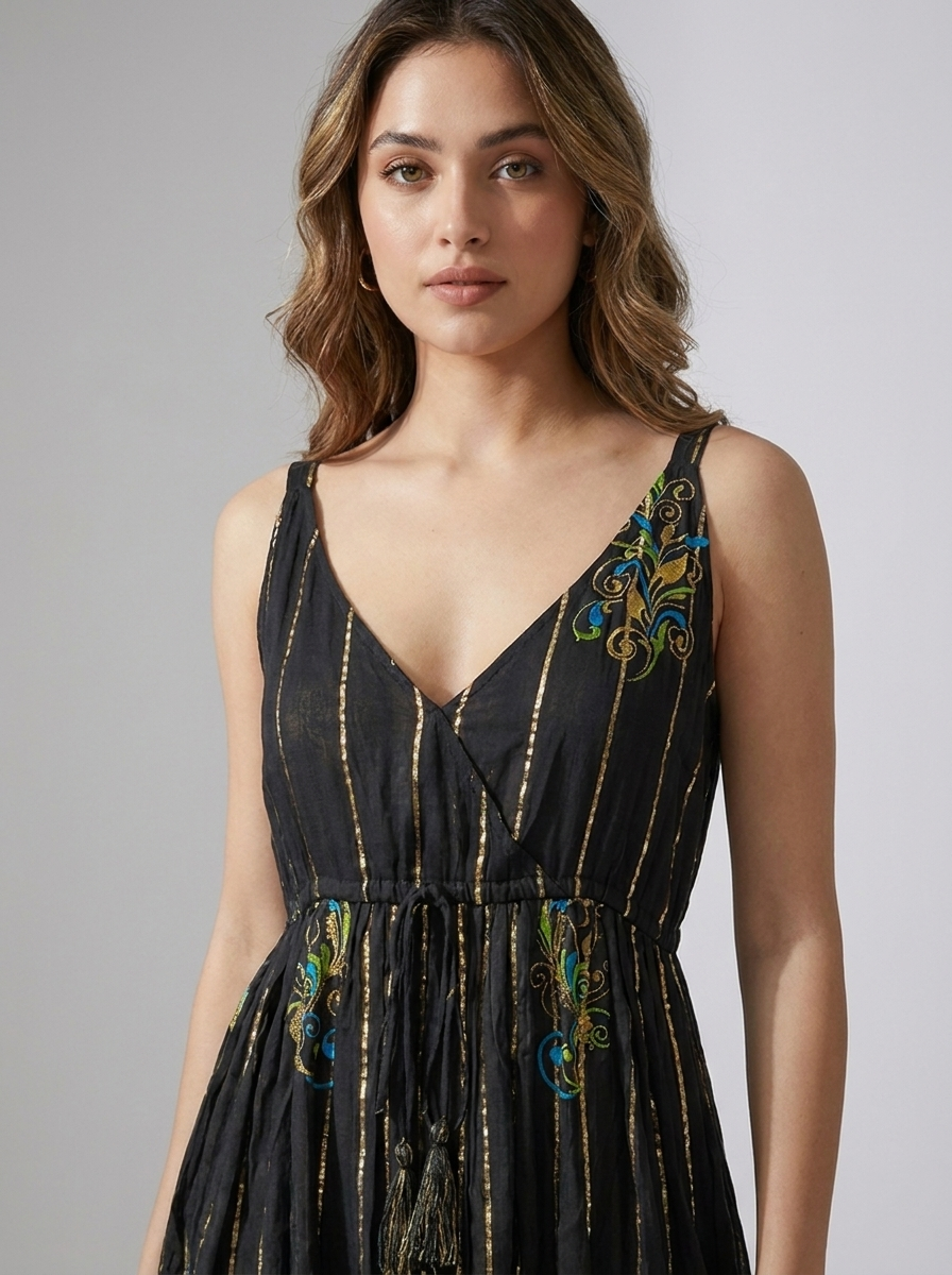 Printed V-Neck Tie-Waist Sleeveless Dress
