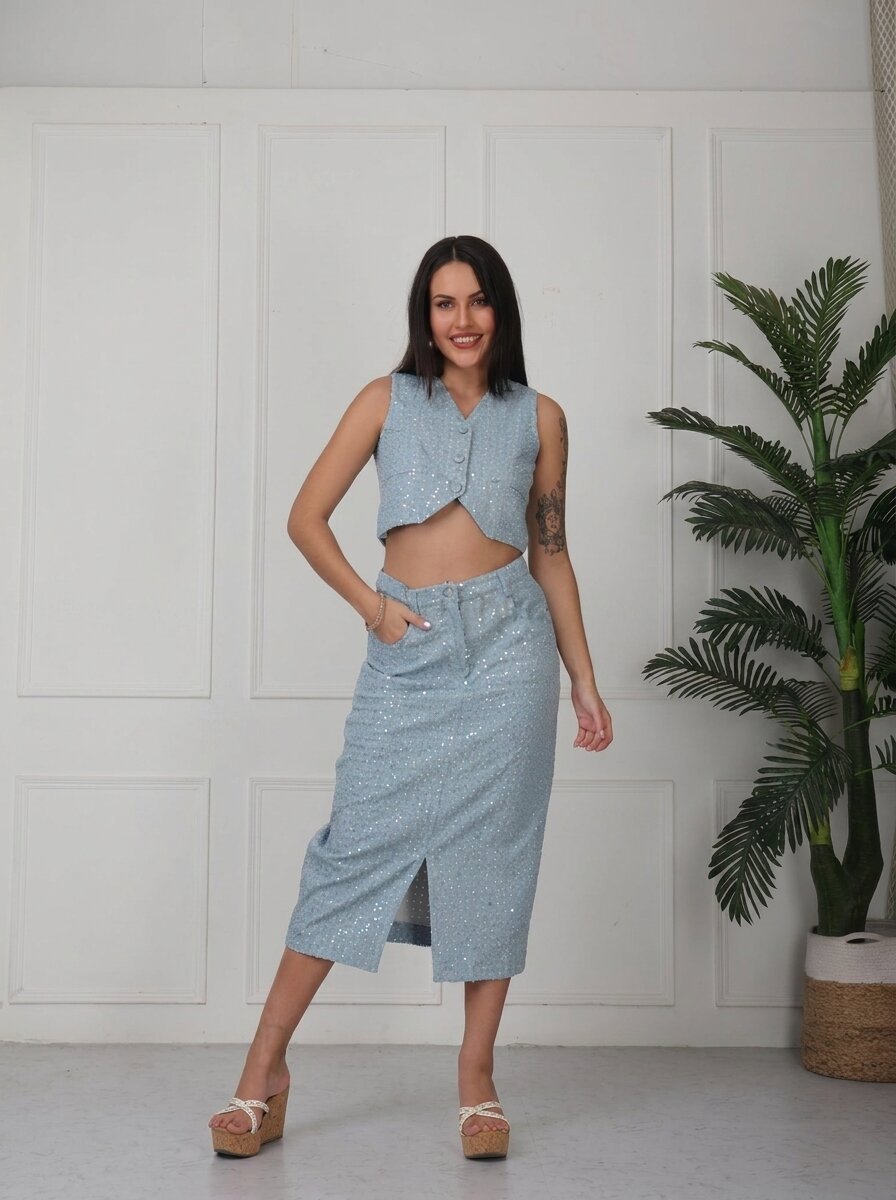 Embellished Crop Blazer With Skirt | Co-Ord Set