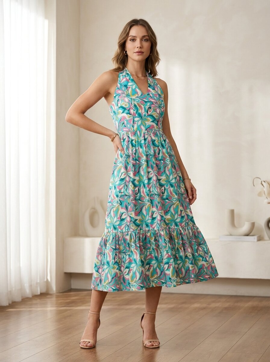 Halter neck Floral Printed Fit & Flare Dress