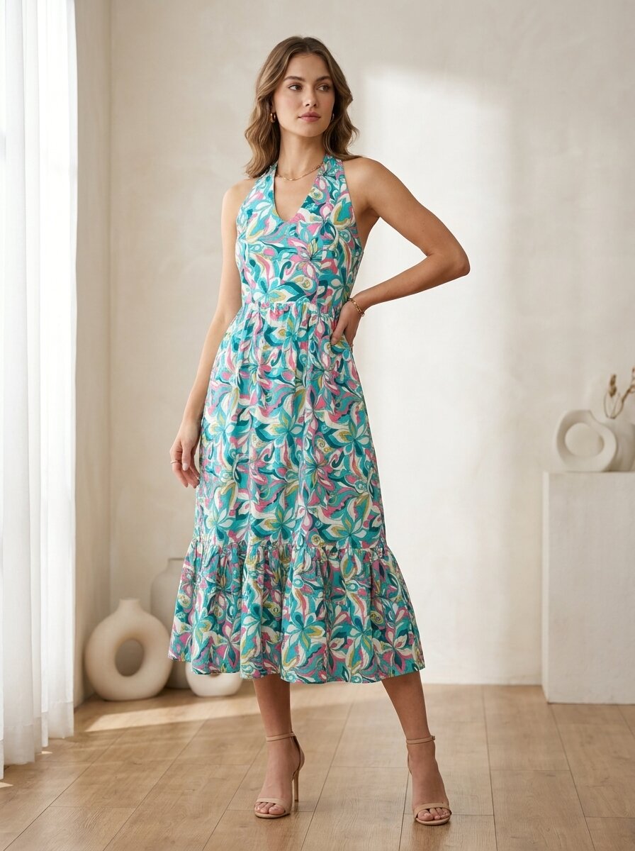 Halter neck Floral Printed Fit & Flare Dress
