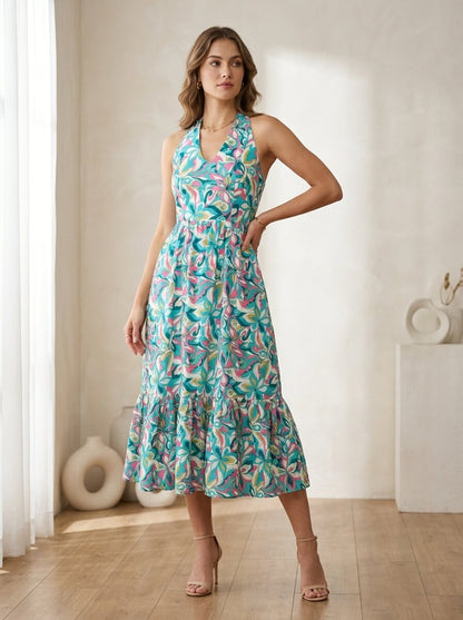Halter neck Floral Printed Fit & Flare Dress