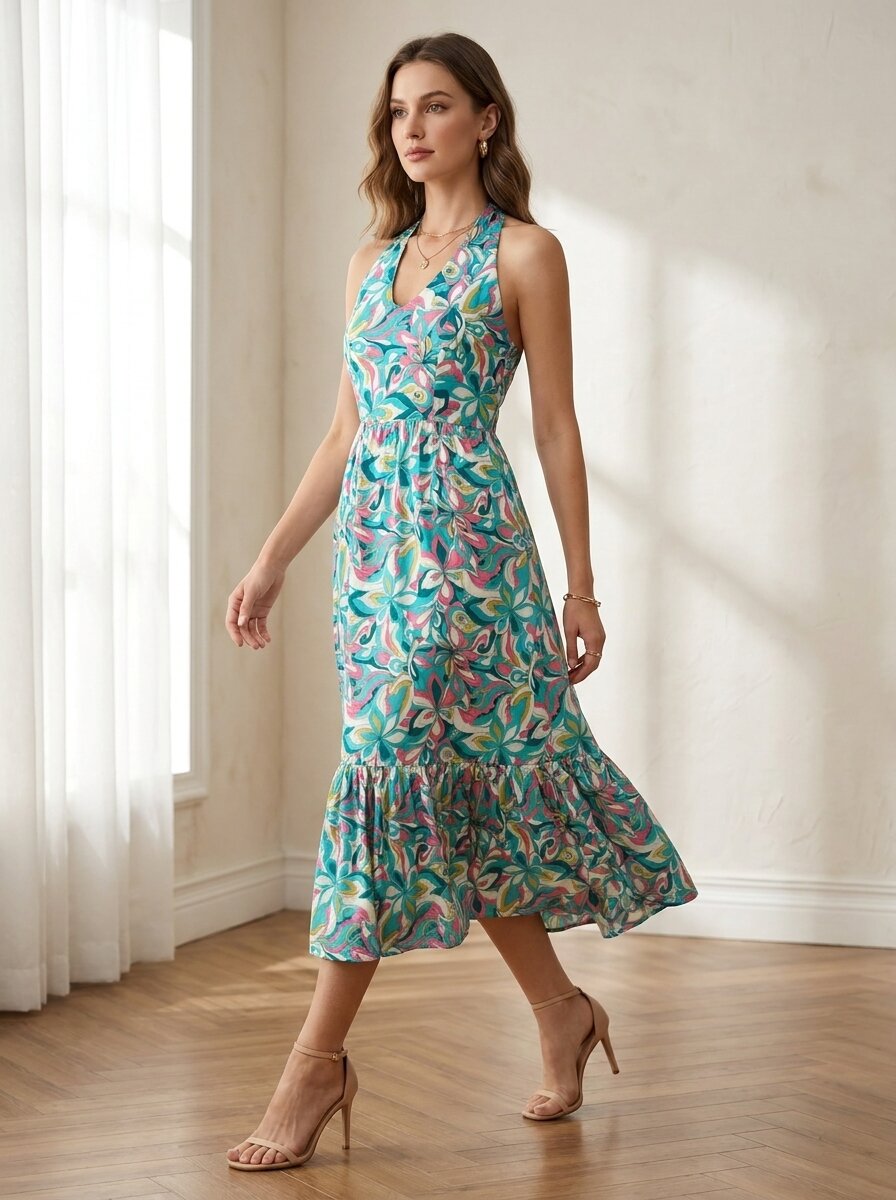 Halter neck Floral Printed Fit & Flare Dress