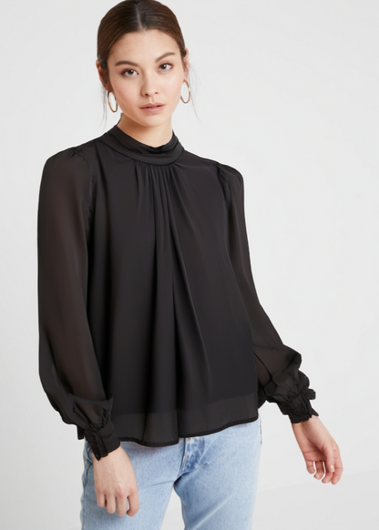 Gaiia Balloon Sleeve Satin Blouse - Black