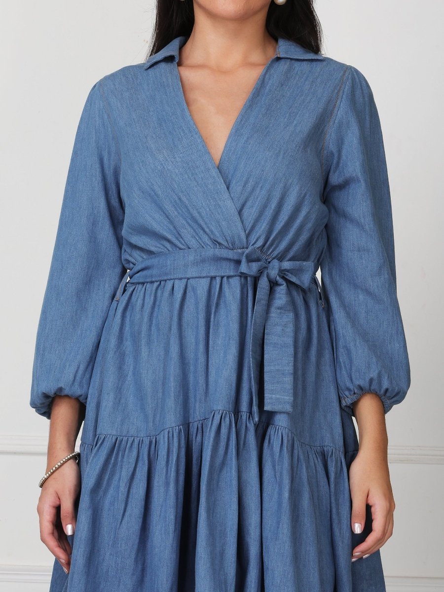 Light Blue Solid Tiered Denim Midi Dress - GAIIA