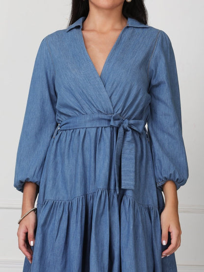 Light Blue Solid Tiered Denim Midi Dress - GAIIA