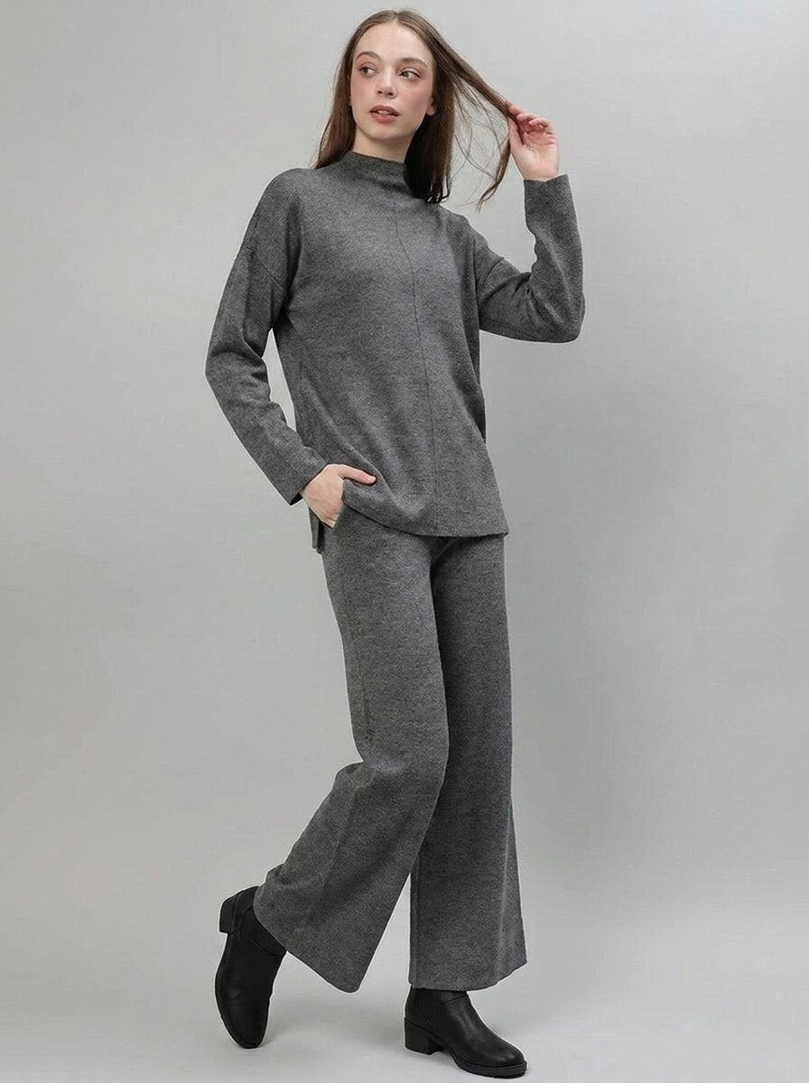 Mock Neck Top with Wide-Leg Trousers Co-Ord Set - GAIIA