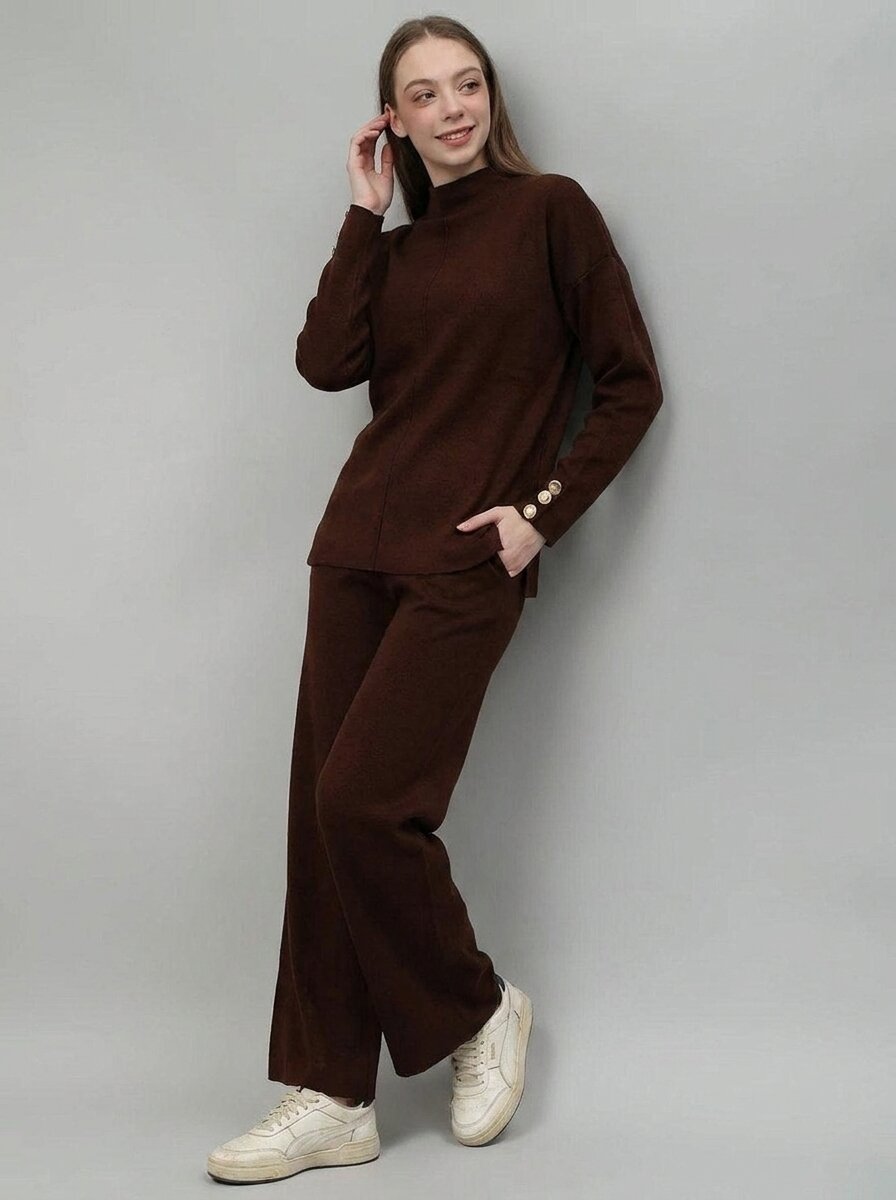 Mock Neck Top with Wide-Leg Trousers Co-Ord Set - GAIIA