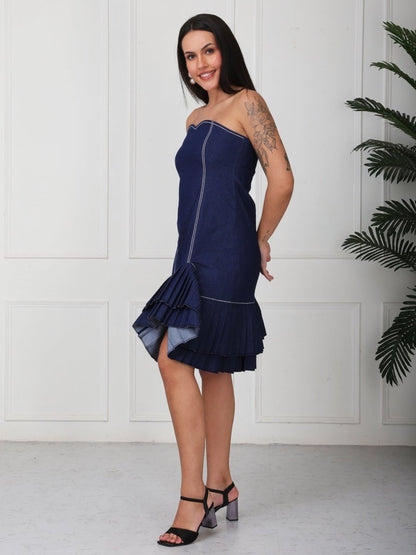 Navy Blue Solid Denim Tube Midi Dress - GAIIA