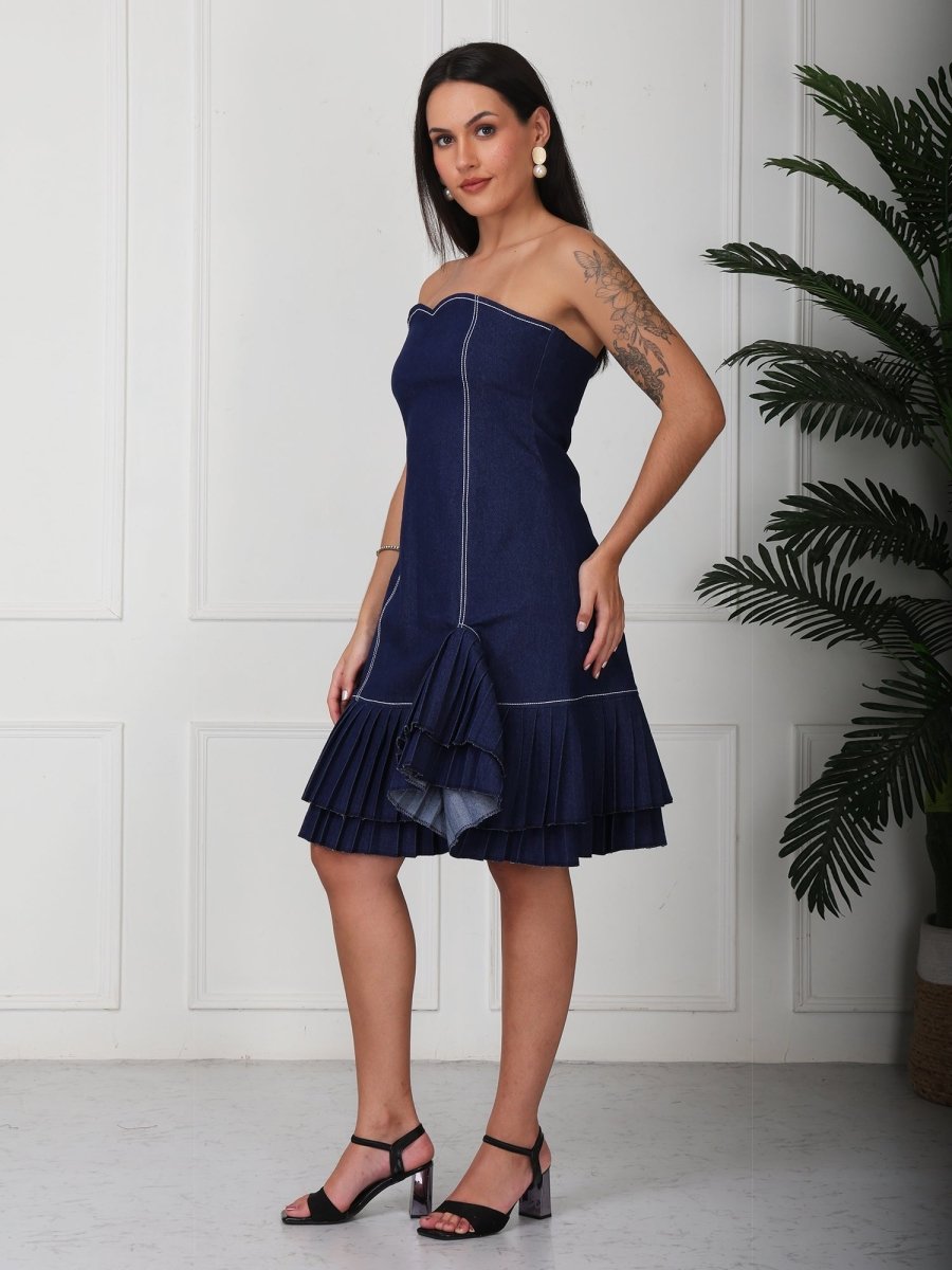 Navy Blue Solid Denim Tube Midi Dress - GAIIA
