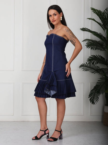 Navy Blue Solid Denim Tube Midi Dress - GAIIA