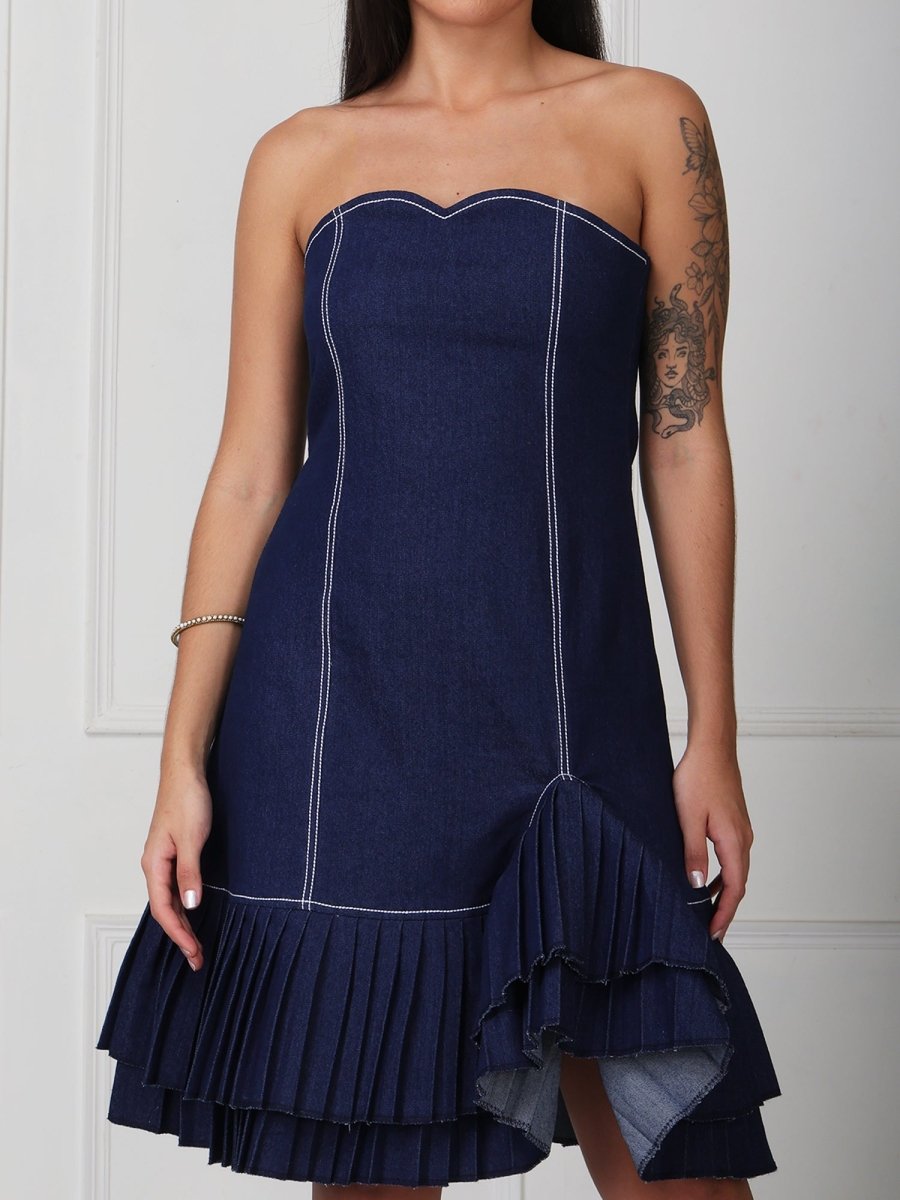 Navy Blue Solid Denim Tube Midi Dress - GAIIA