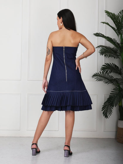Navy Blue Solid Denim Tube Midi Dress - GAIIA