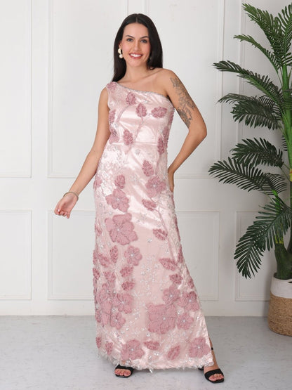 Peach Embellished One Shoulder Maxi Dress - GAIIA
