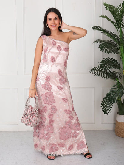 Peach Embellished One Shoulder Maxi Dress - GAIIA