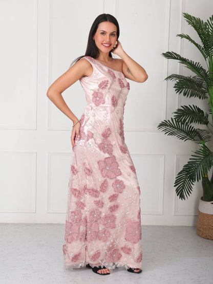 Peach Embellished One Shoulder Maxi Dress - GAIIA