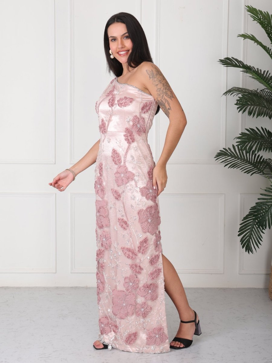 Peach Embellished One Shoulder Maxi Dress - GAIIA