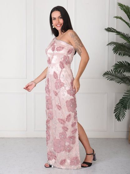 Peach Embellished One Shoulder Maxi Dress - GAIIA