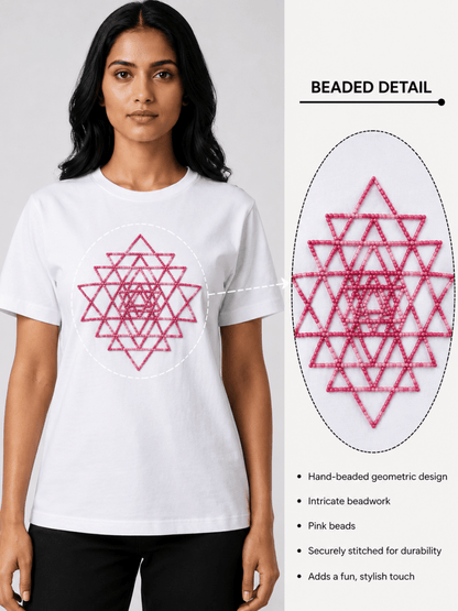 Pink Beaded Sri Yantra Cotton T-Shirts - GAIIA