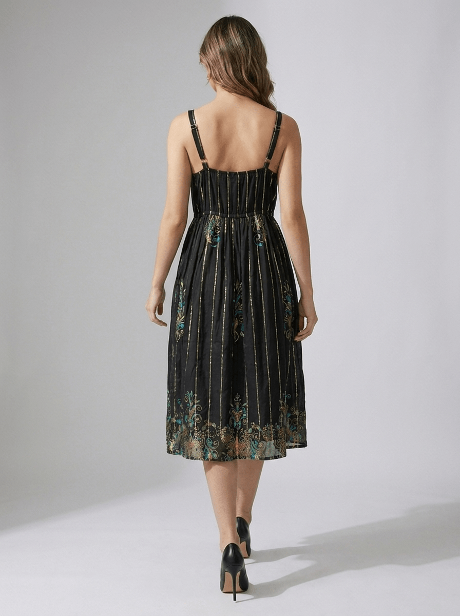 Printed V-Neck Tie-Waist Sleeveless Dress - GAIIA