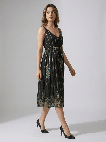 Printed V-Neck Tie-Waist Sleeveless Dress - GAIIA