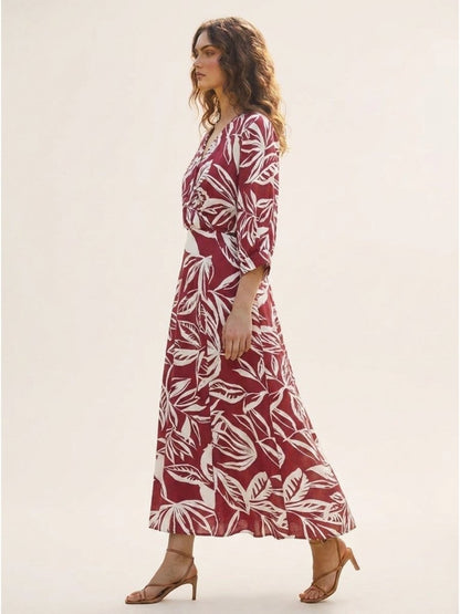 Red Floral Printed Satin Maxi Dress - GAIIA