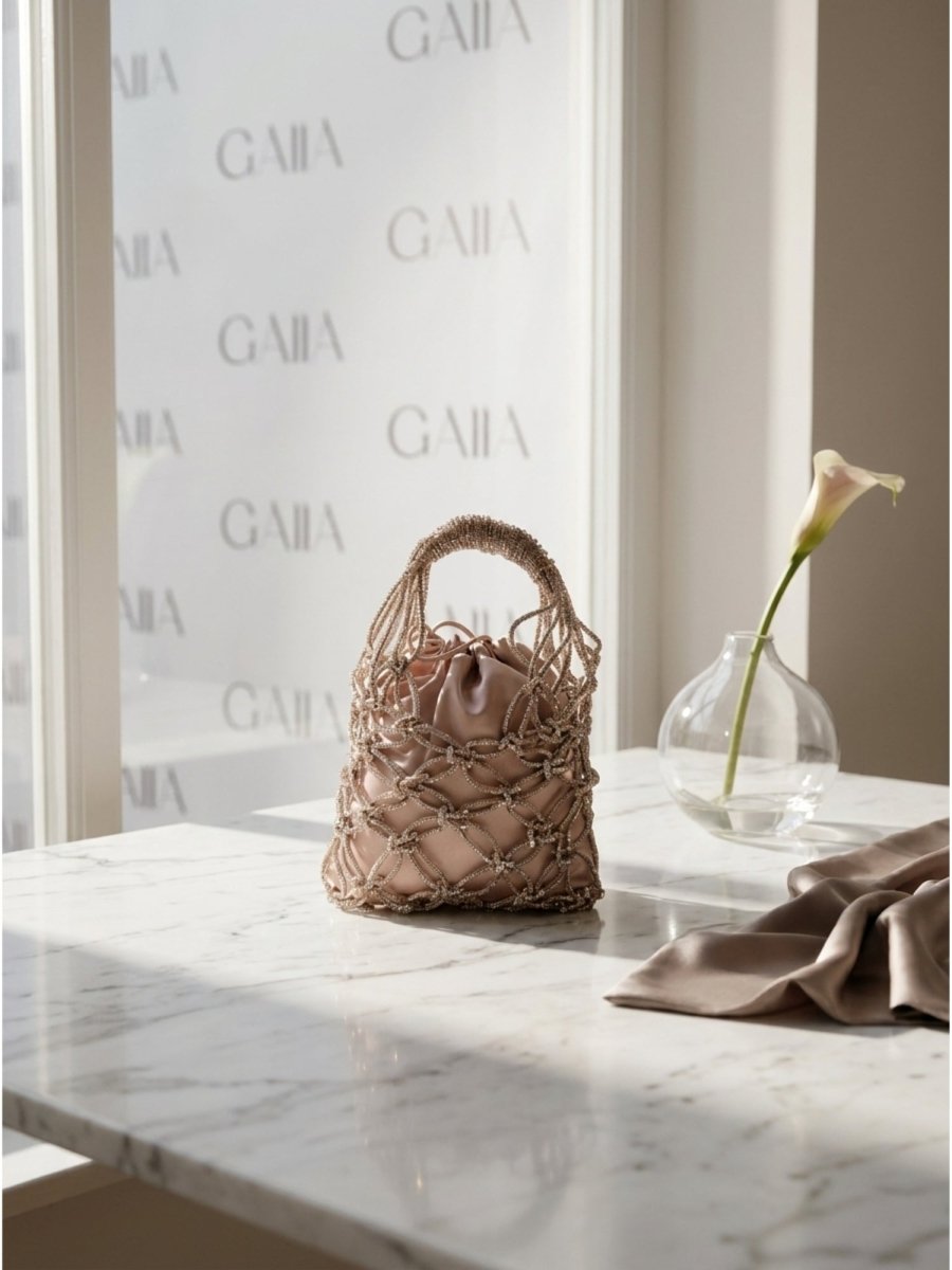 Rose Gold Beaded Mesh Evening Handbag - GAIIA