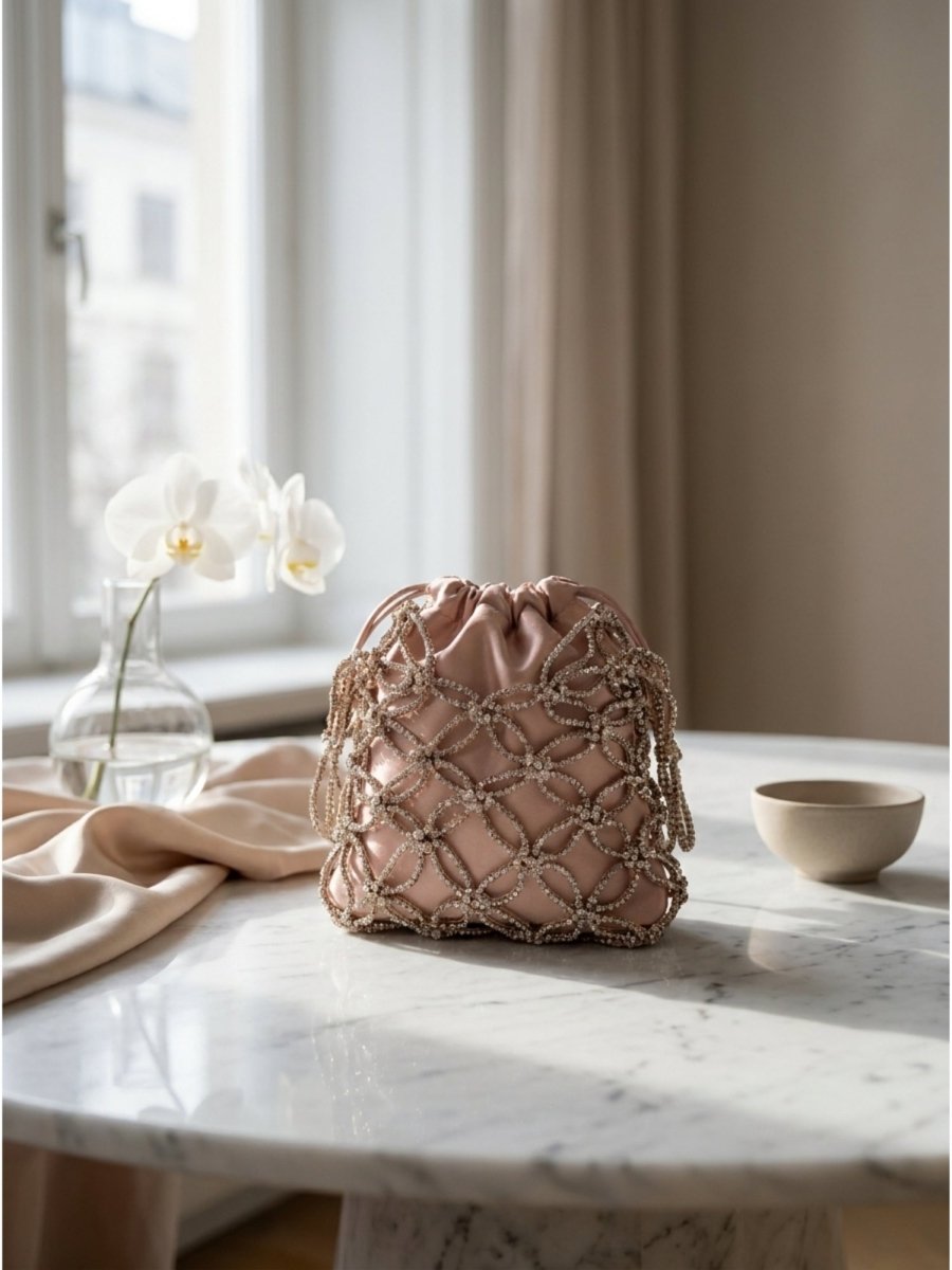 Rose Gold Beaded Mesh Evening Handbag - GAIIA