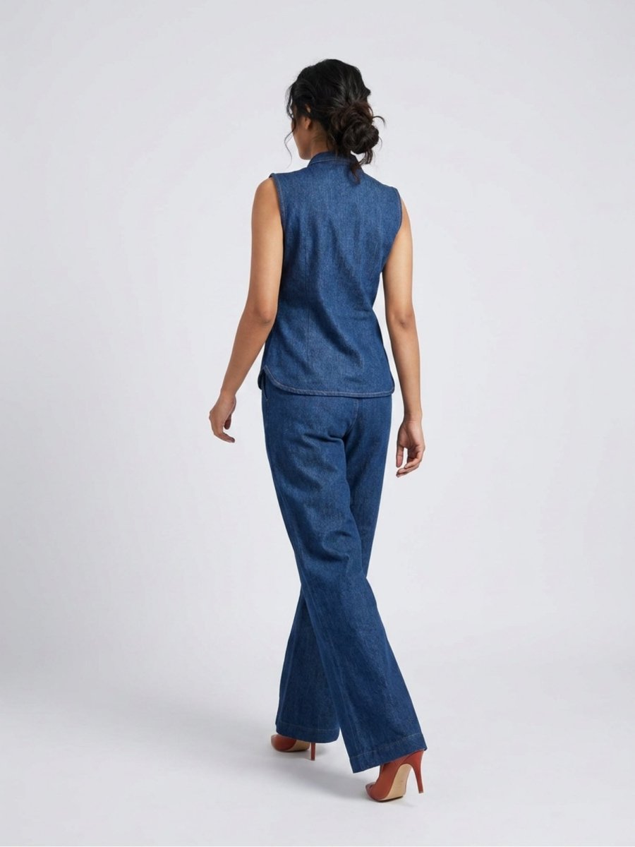 Royal Dark Blue Floral Thread Denim Co - Ord Set - GAIIA