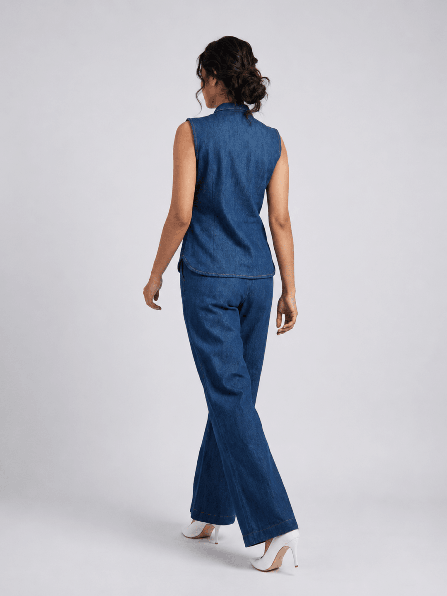 Royal Dark Blue Floral Thread Denim Co-Ord Set - GAIIA