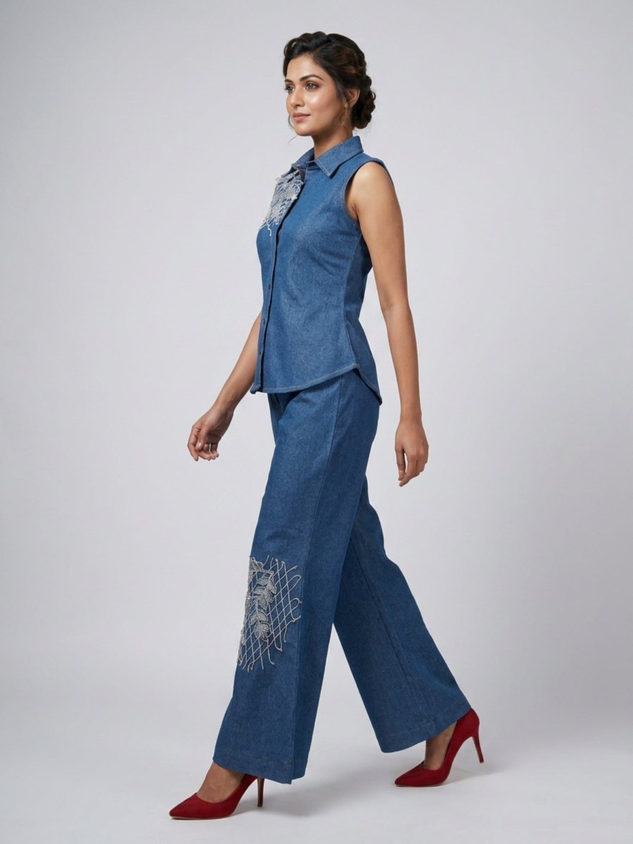 Royal Dark Blue Floral Thread Denim Co - Ord Set - GAIIA