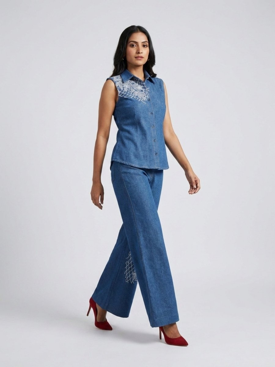 Royal Dark Blue Floral Thread Denim Co - Ord Set - GAIIA