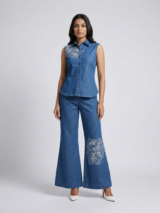 Royal Dark Blue Floral Thread Denim Co - Ord Set - GAIIA
